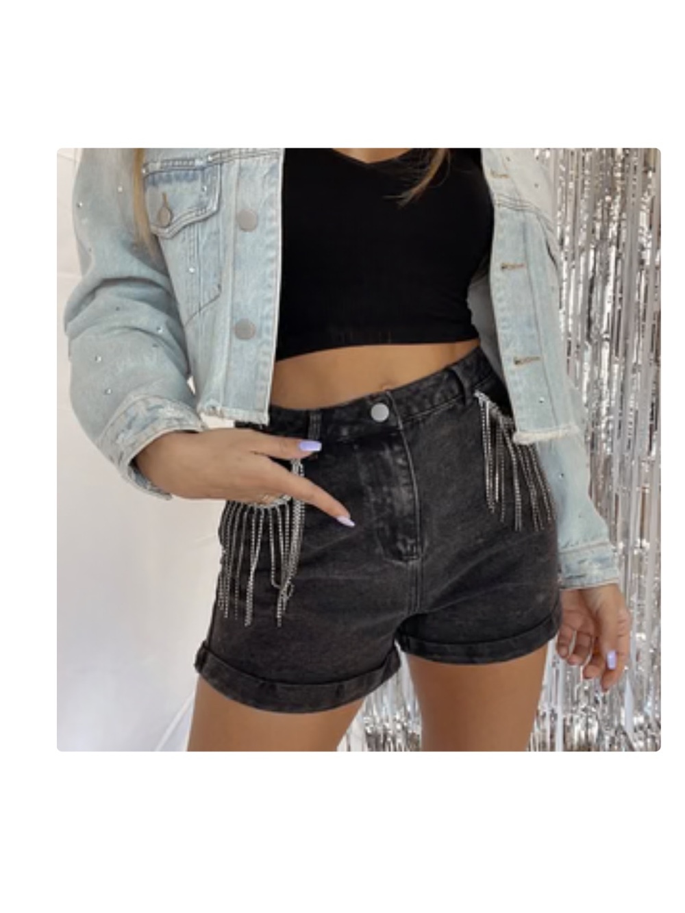 Women’s Black Denim Shorts with sparkle Fringe